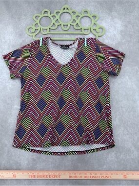 One Step Ahead Geometric V-Neck Short Sleeve Top - Pink, Purple, Lime